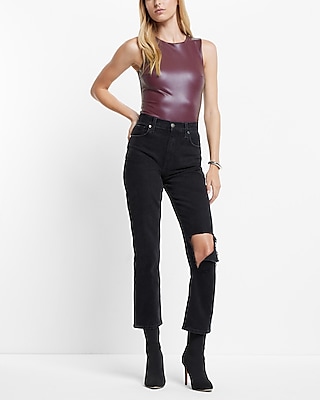 Body Contour Faux Leather High Neck Bodysuit