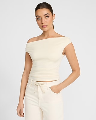 Shine Fitted Ribbed Off The Shoulder Overlay Top | Express