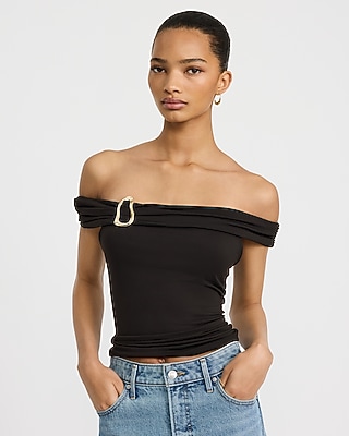 Off The Shoulder Hardware Cropped Top