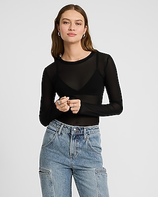 Plus Black Crew Neck Mesh Long Sleeve Bodysuit