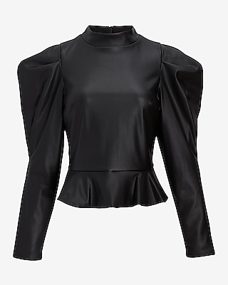 Faux Leather Mock Neck Puff Sleeve Peplum Top