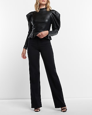 Faux Leather Mock Neck Puff Sleeve Peplum Top