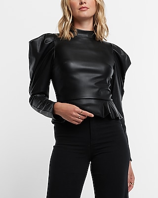 Faux Leather Mock Neck Puff Sleeve Peplum Top