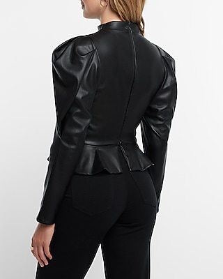 Faux Leather Mock Neck Puff Sleeve Peplum Top