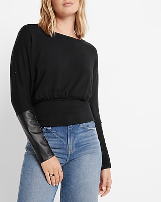 EX LS DRPYLPBK PLEATHER SWTSHRT:PITCH BLACK:XS