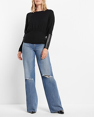 EX LS DRPYLPBK PLEATHER SWTSHRT:PITCH BLACK:XS