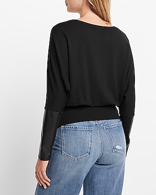 EX LS DRPYLPBK PLEATHER SWTSHRT:PITCH BLACK:XS
