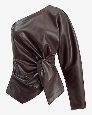 Faux Leather One Shoulder Long Sleeve Twist Front Top