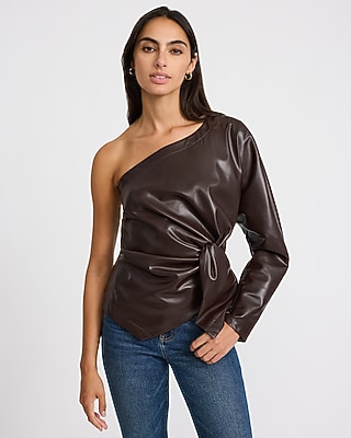 Faux Leather One Shoulder Long Sleeve Twist Front Top