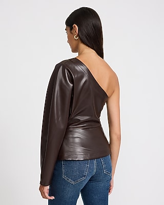 Faux Leather One Shoulder Long Sleeve Twist Front Top