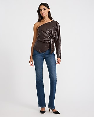 Faux Leather One Shoulder Long Sleeve Twist Front Top