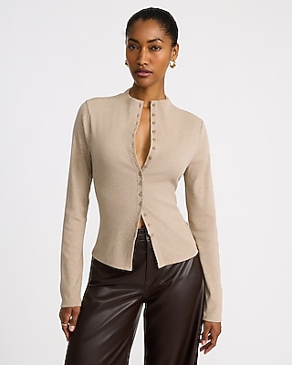 Ribbed Mock Neck Long Sleeve Cutaway Cardigan | Express