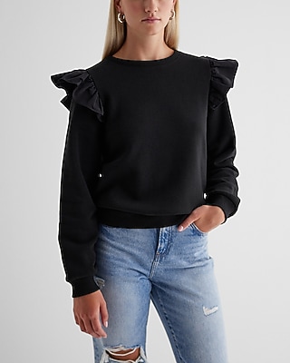 Skimming Crew Neck Poplin Ruffle Shoulder Fleece Sweatshirt - thumbnail 6