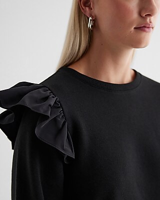 Skimming Crew Neck Poplin Ruffle Shoulder Fleece Sweatshirt - thumbnail 7