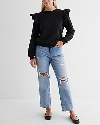 Skimming Crew Neck Poplin Ruffle Shoulder Fleece Sweatshirt - thumbnail 9
