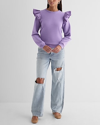 Skimming Crew Neck Poplin Ruffle Shoulder Fleece Sweatshirt
