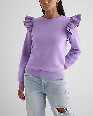 Skimming Crew Neck Poplin Ruffle Shoulder Fleece Sweatshirt