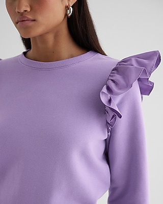 Skimming Crew Neck Poplin Ruffle Shoulder Fleece Sweatshirt