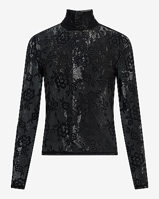 Sheer Lace Mock Neck Long Sleeve Top