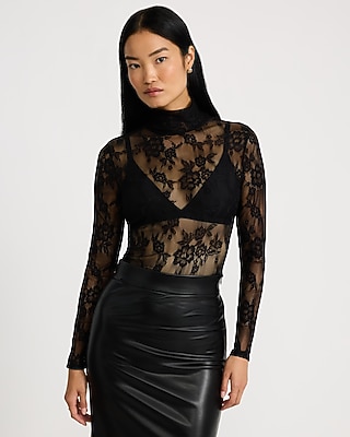 Sheer Lace Mock Neck Long Sleeve Top | Express