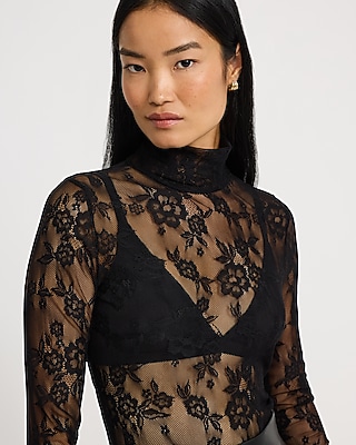 Sheer Lace Mock Neck Long Sleeve Top | Express