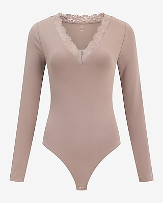 Lace Trim V-Neck Long Sleeve Bodysuit