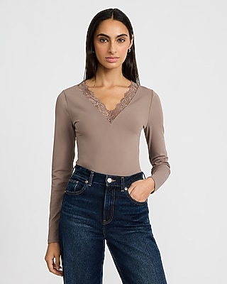 Lace Trim V-neck Long Sleeve Bodysuit | Express