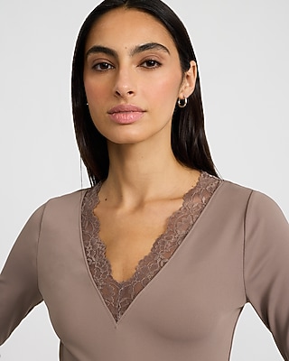 Lace Trim V-Neck Long Sleeve Bodysuit