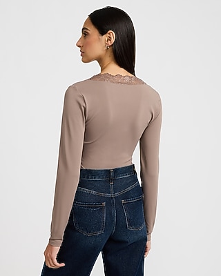 Lace Trim V-Neck Long Sleeve Bodysuit