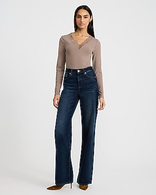 Lace Trim V-Neck Long Sleeve Bodysuit
