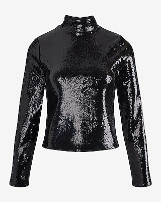 Body Contour Sequin Mock Neck Long Sleeve Tee