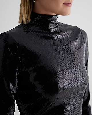 Body Contour Sequin Mock Neck Long Sleeve Tee