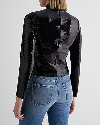 Body Contour Sequin Mock Neck Long Sleeve Tee