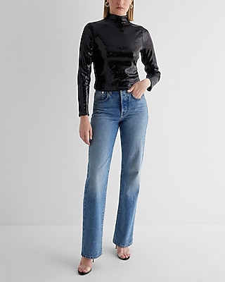 Body Contour Sequin Mock Neck Long Sleeve Tee