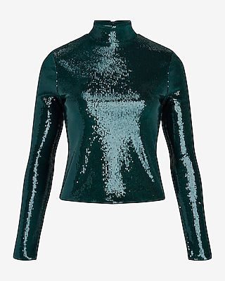 Body Contour Sequin Mock Neck Long Sleeve Tee