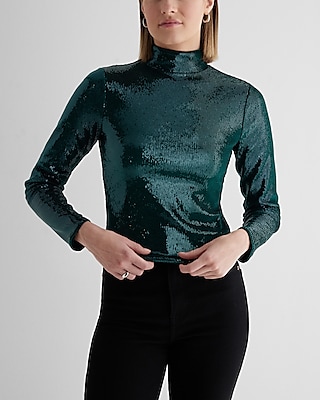 Body Contour Sequin Mock Neck Long Sleeve Tee