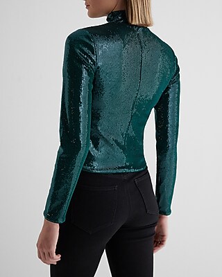 Body Contour Sequin Mock Neck Long Sleeve Tee