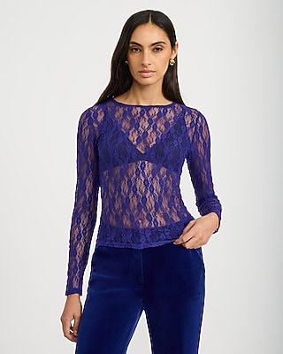 Sheer Floral Lace Crew Neck Long Sleeve Tee