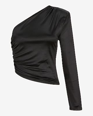 Satin Draped One Padded Shoulder Ruched Top