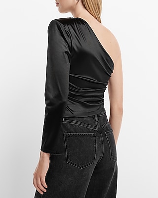 Satin Draped One Padded Shoulder Ruched Top