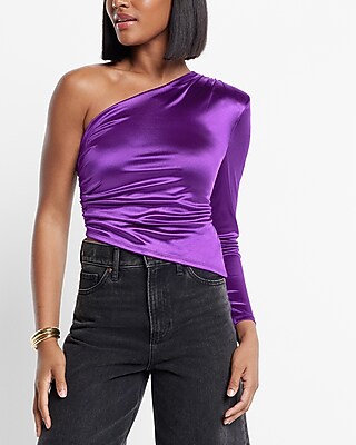 Satin Draped One Padded Shoulder Ruched Top