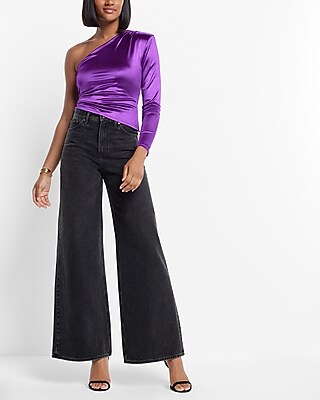 Satin Draped One Padded Shoulder Ruched Top