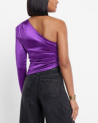 Satin Draped One Padded Shoulder Ruched Top
