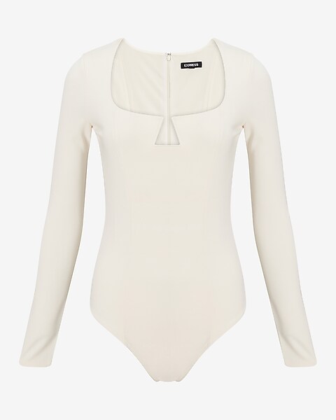 Express Fitted V-Wire Ponte Long Sleeve Thong Bodysuit White