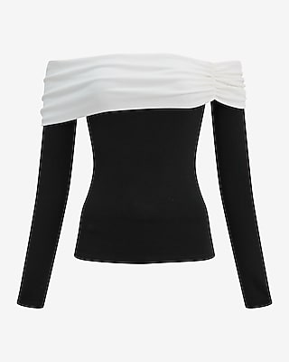 Color Block Off The Shoulder Long Sleeve Ruched Top