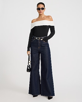 Color Block Off The Shoulder Long Sleeve Ruched Top