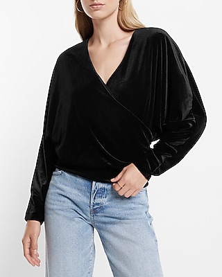 Velvet V-Neck Long Sleeve Faux Wrap Top
