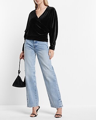 Velvet V-Neck Long Sleeve Faux Wrap Top