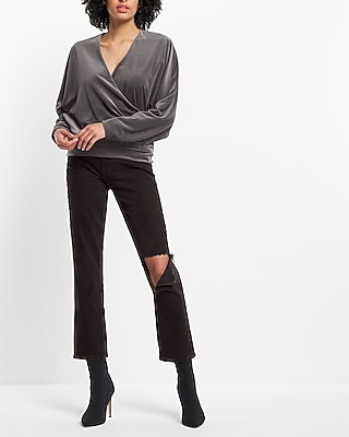 Velvet V-Neck Long Sleeve Faux Wrap Top