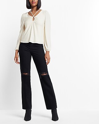 Matte Jersey Long Sleeve Strappy Keyhole Top